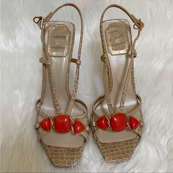 Dior Shoes - Christian Dior Crocodile Skin, Coral Heels Sandals 36.5